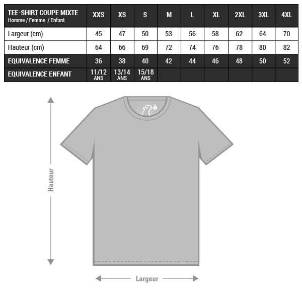 Guide des tailles : T-shirts coupe mixte 100% bio